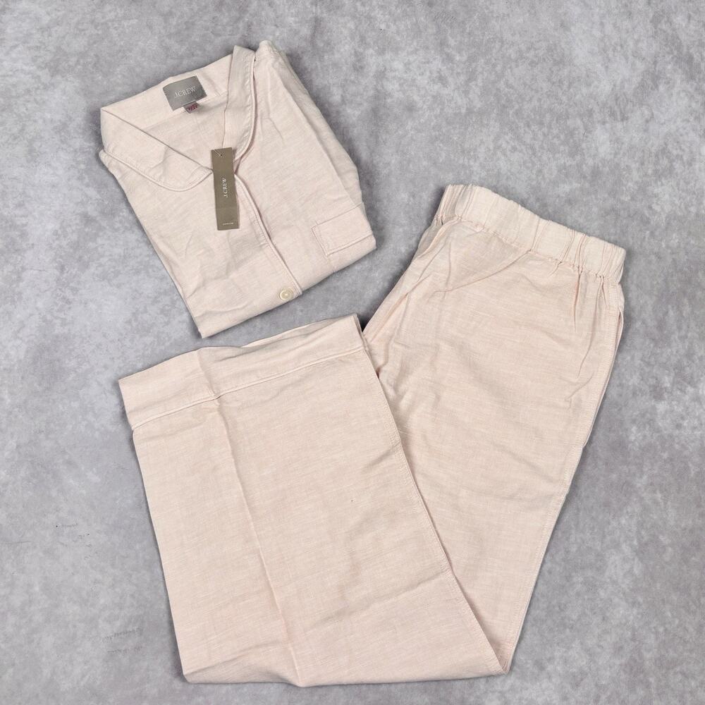 J.Crew Womens Medium Pajama Lounge Set Shirt & Pants Cotton Linen Pink Beige XL